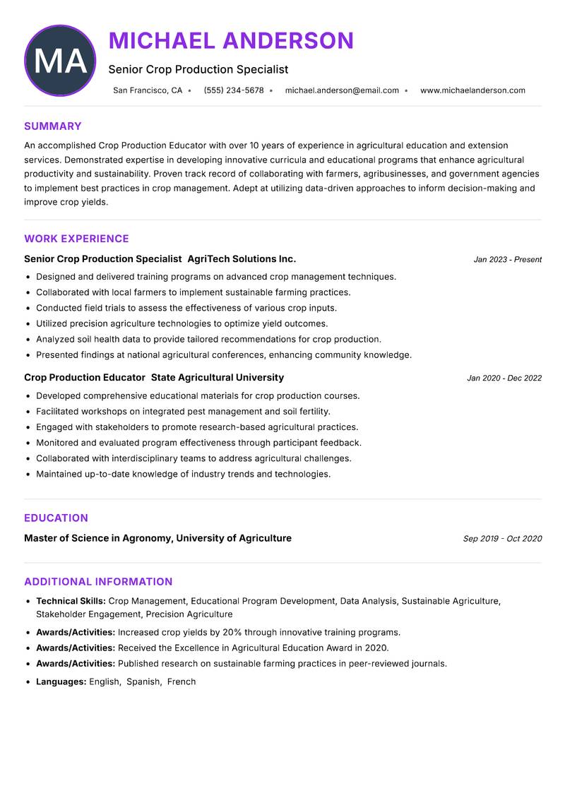 Crop Production Educator resume example — ATS-friendly template