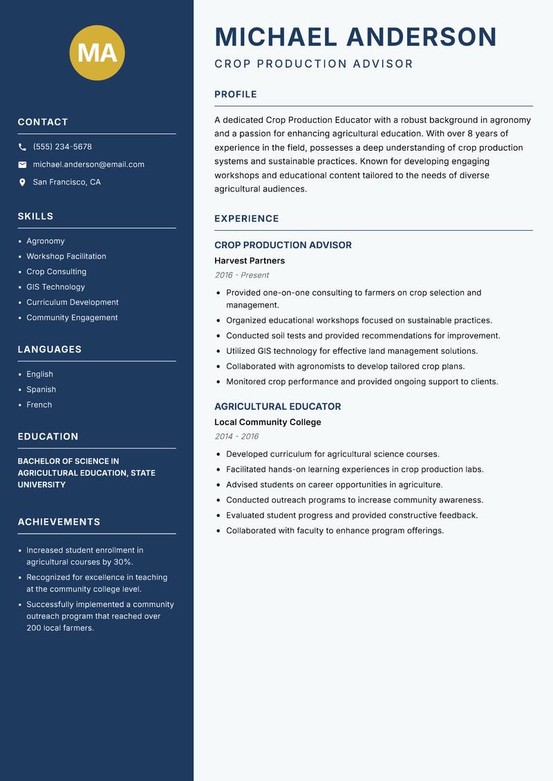 Crop Production Educator resume template — Classic Clean