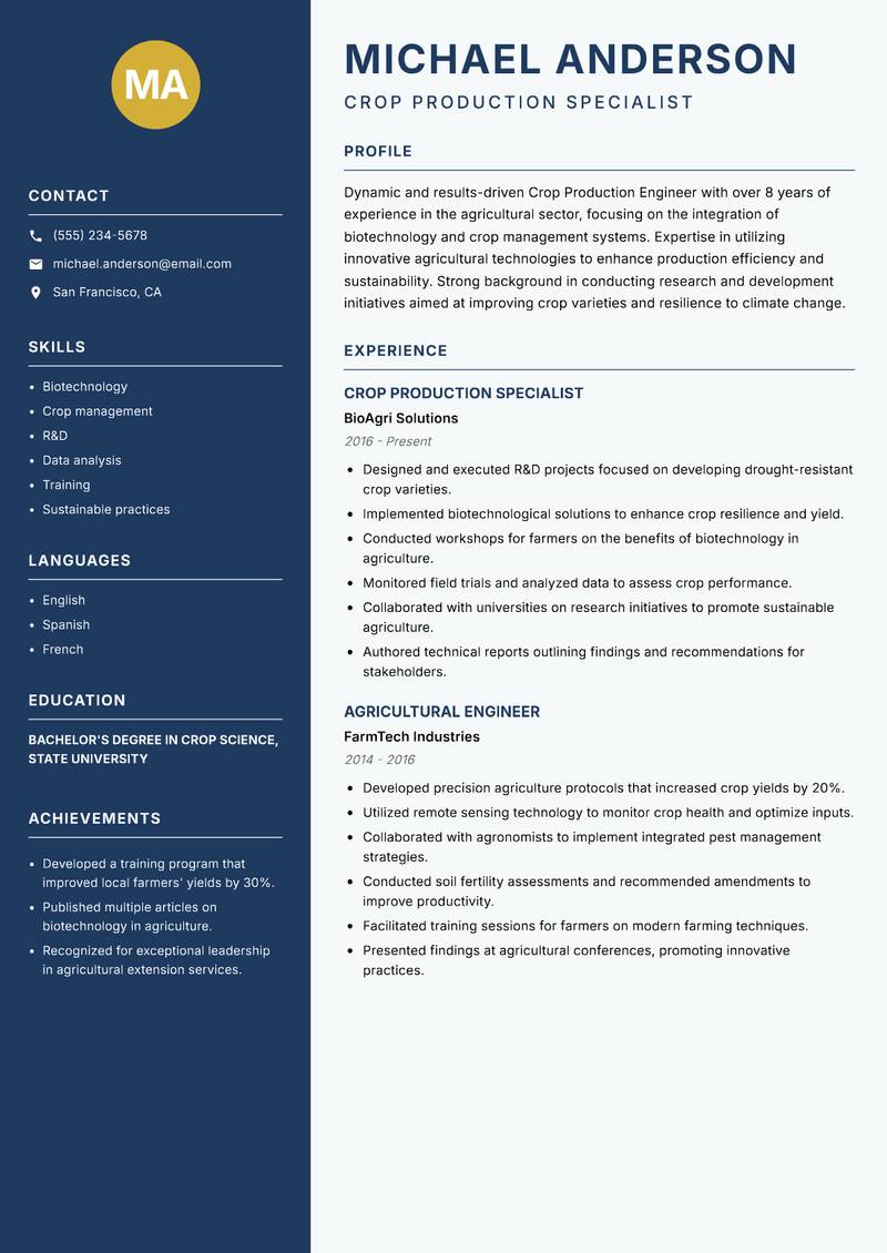 Crop Production Engineer resume template — Classic Clean