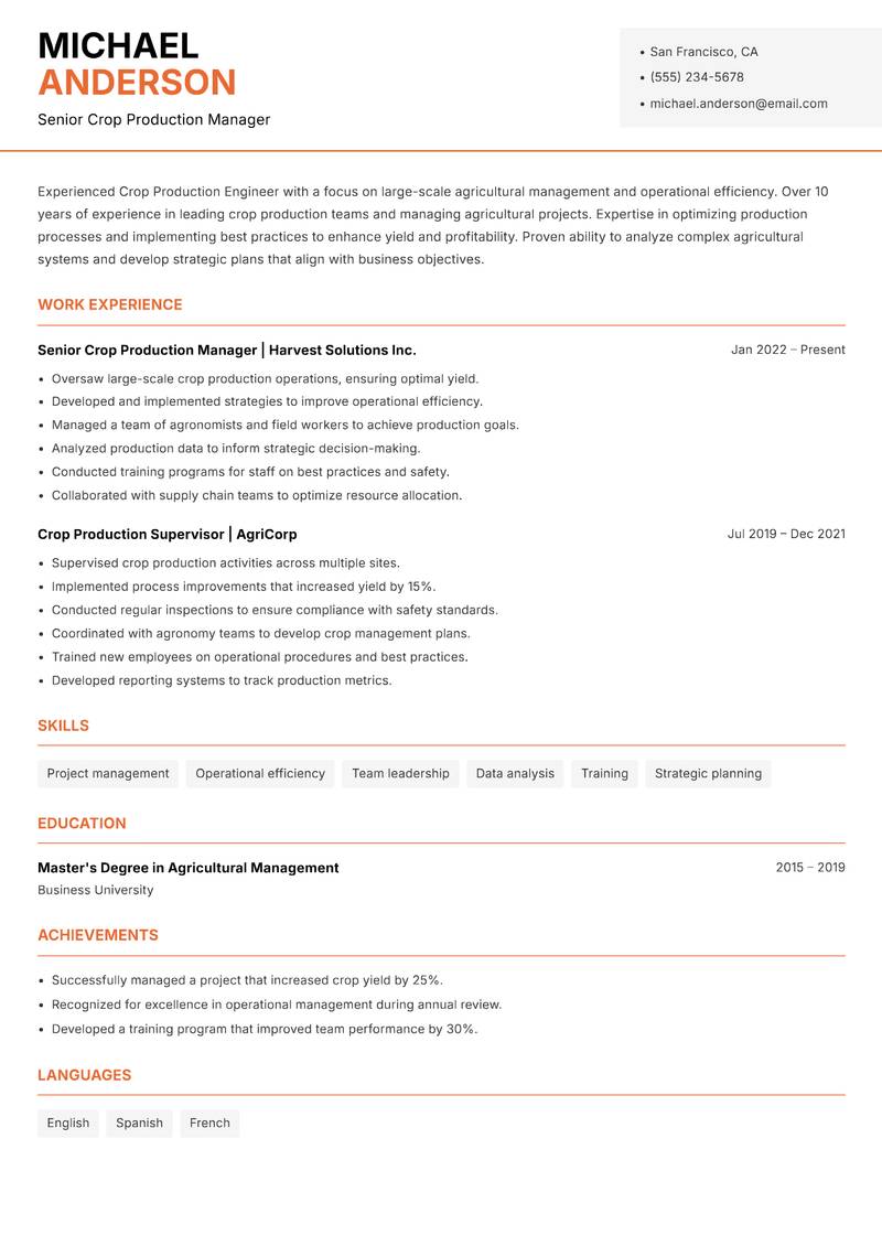 Crop Production Engineer resume template — Modern Professional