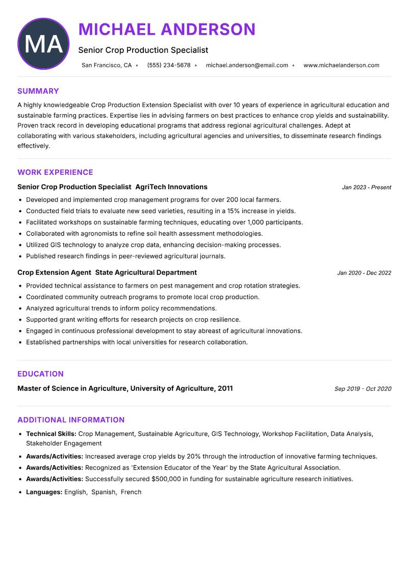 Crop Production Extension Specialist resume example — ATS-friendly template