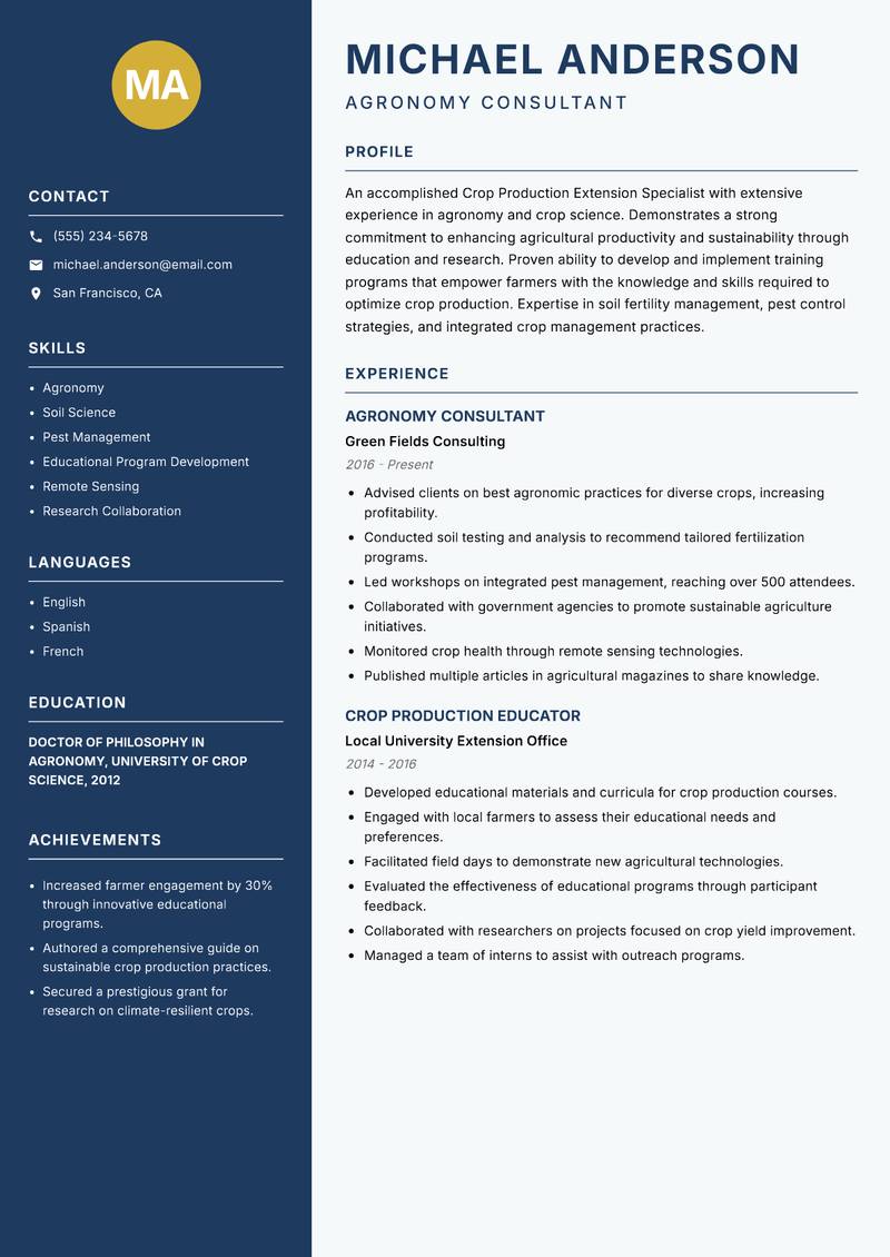Crop Production Extension Specialist resume template — Classic Clean