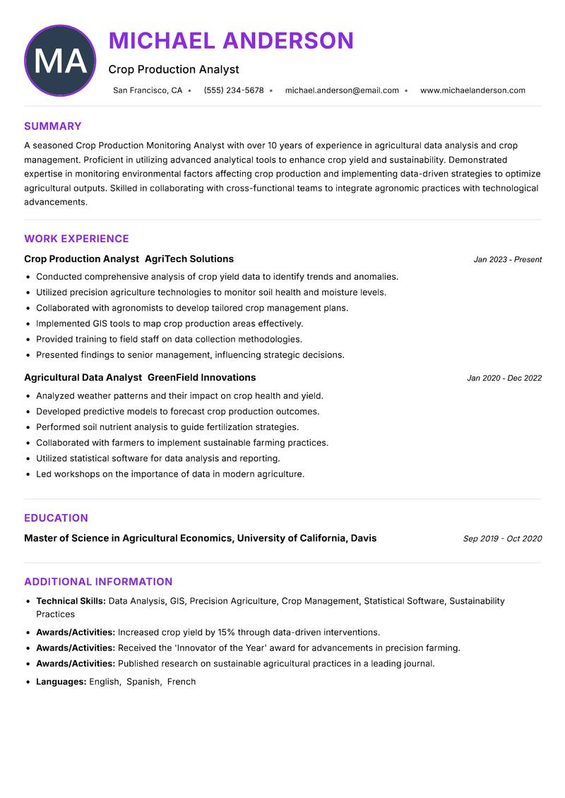 Crop Production Monitoring Analyst resume example — ATS-friendly template