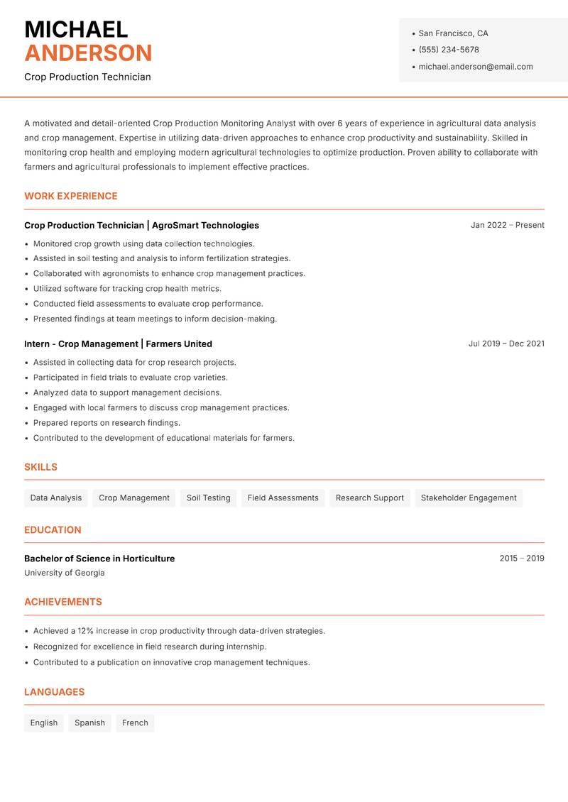 Crop Production Monitoring Analyst resume template — Modern Professional