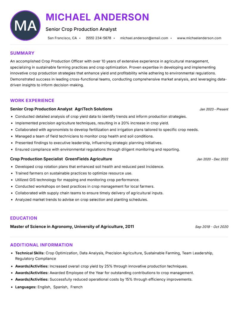Crop Production Officer resume example — ATS-friendly template
