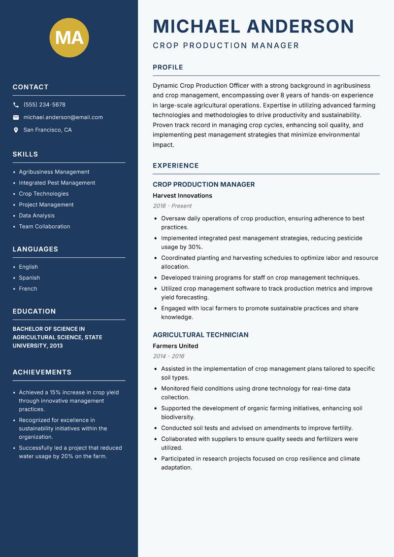 Crop Production Officer resume template — Classic Clean