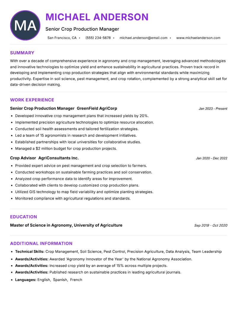 Crop Production Specialist resume example — ATS-friendly template
