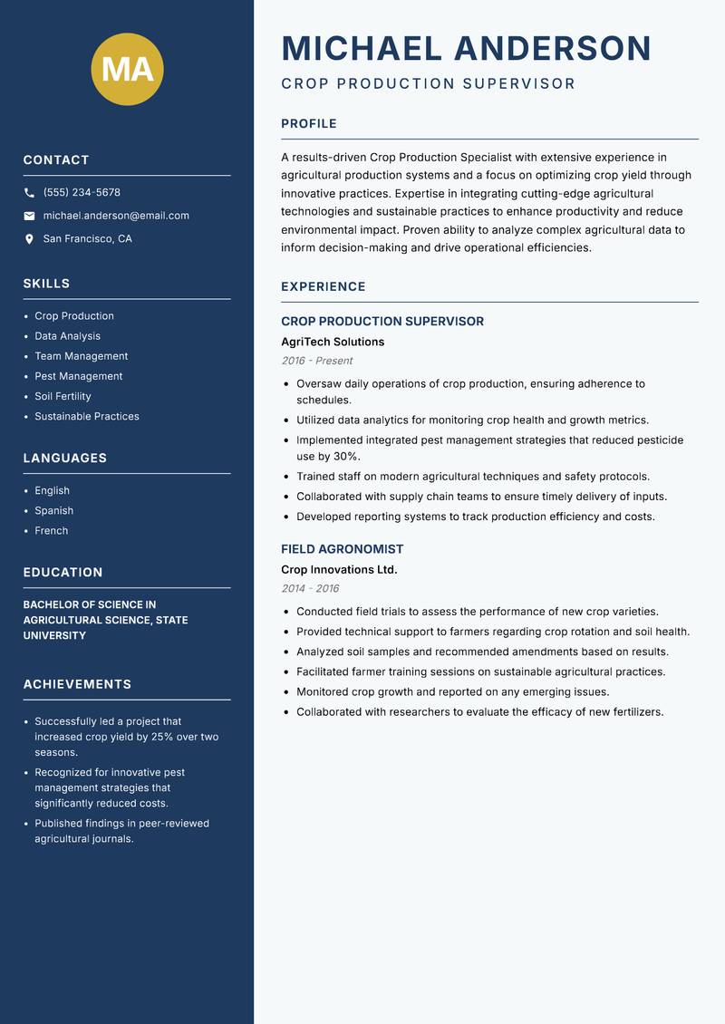 Crop Production Specialist resume template — Classic Clean