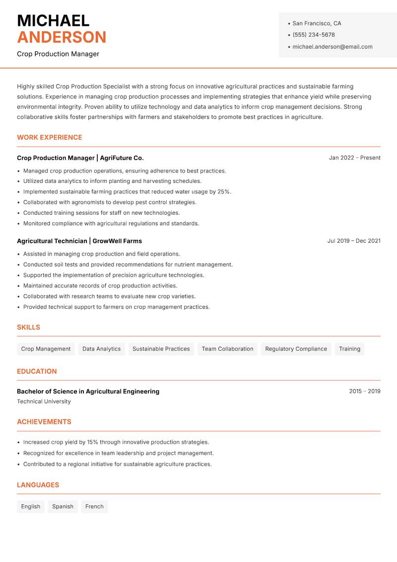 Crop Production Specialist resume template — Modern Professional
