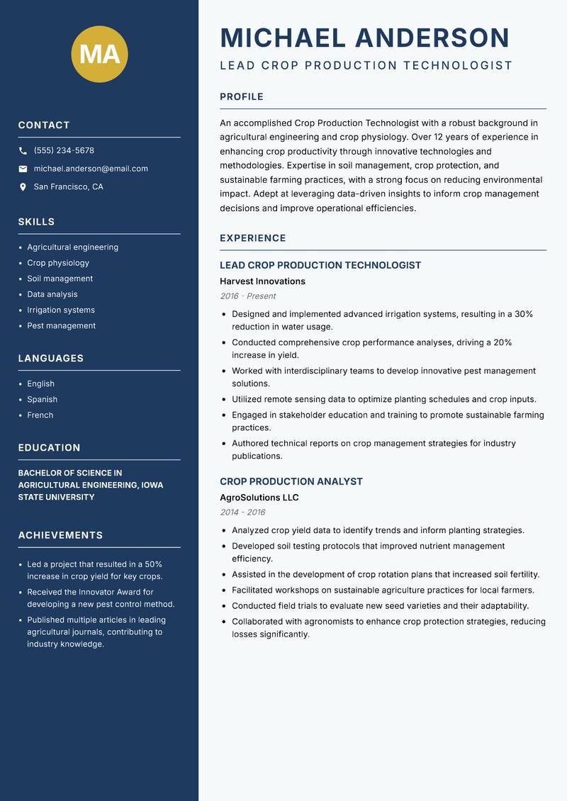 Crop Production Technologist resume template — Classic Clean