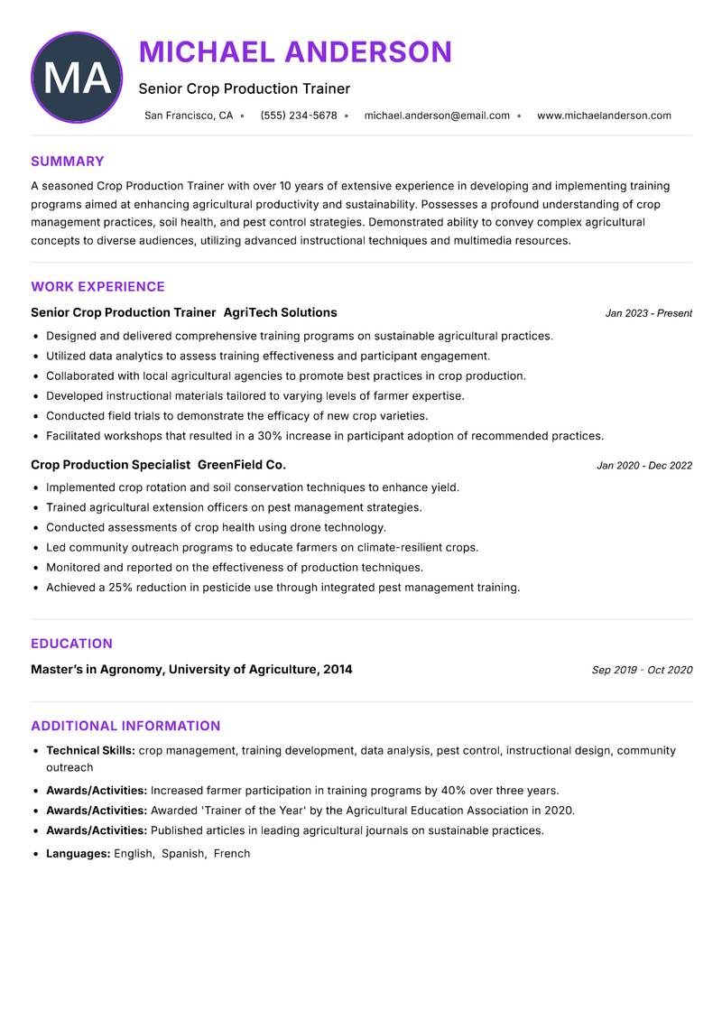 Crop Production Trainer resume example — ATS-friendly template