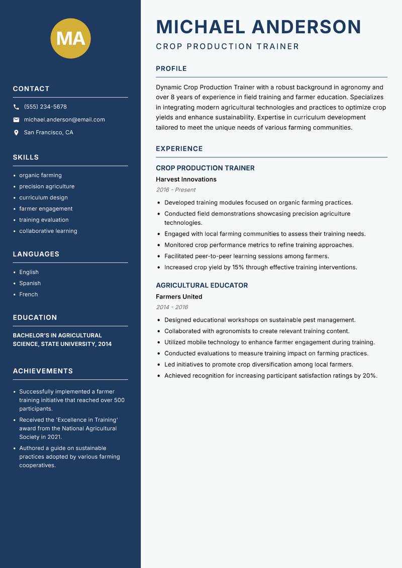 Crop Production Trainer resume template — Classic Clean