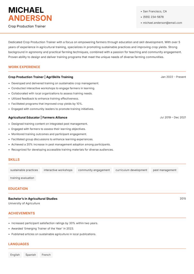 Crop Production Trainer resume template — Modern Professional