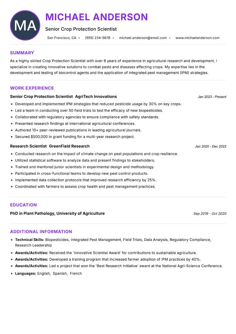 Crop Protection Scientist resume example — ATS-friendly template