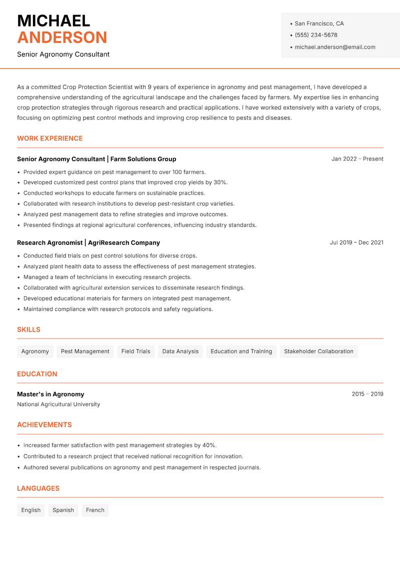 Crop Protection Scientist resume template — Modern Professional