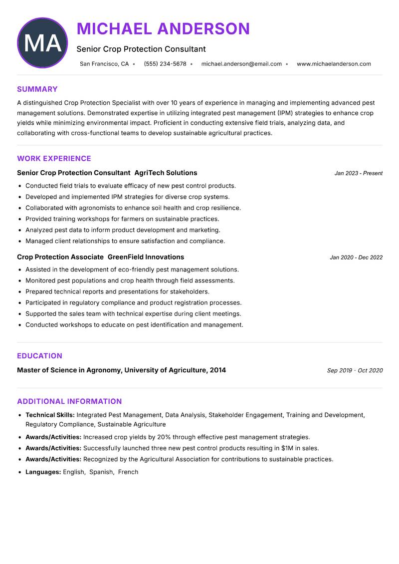 Crop Protection Specialist resume example — ATS-friendly template