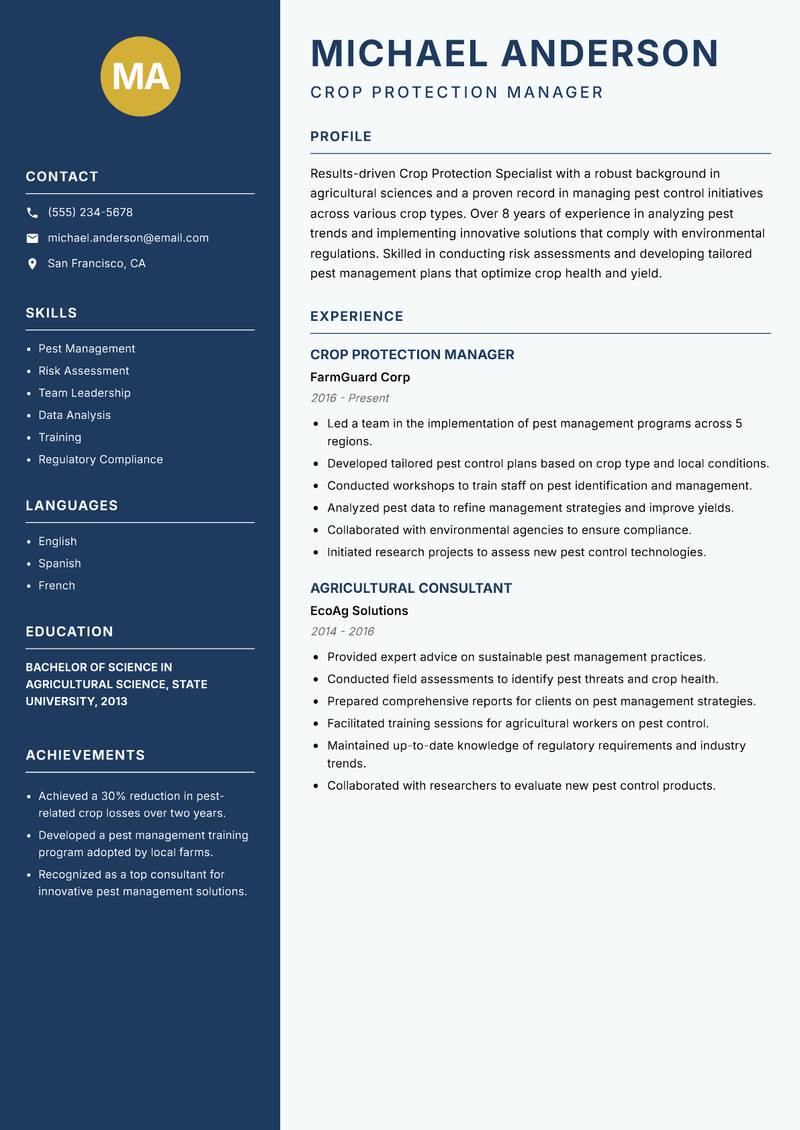 Crop Protection Specialist resume template — Classic Clean