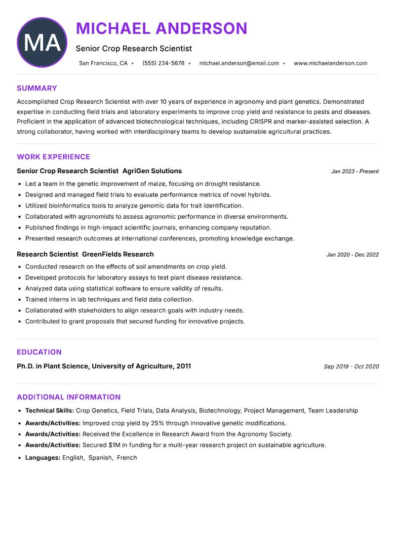 Crop Research Scientist resume example — ATS-friendly template
