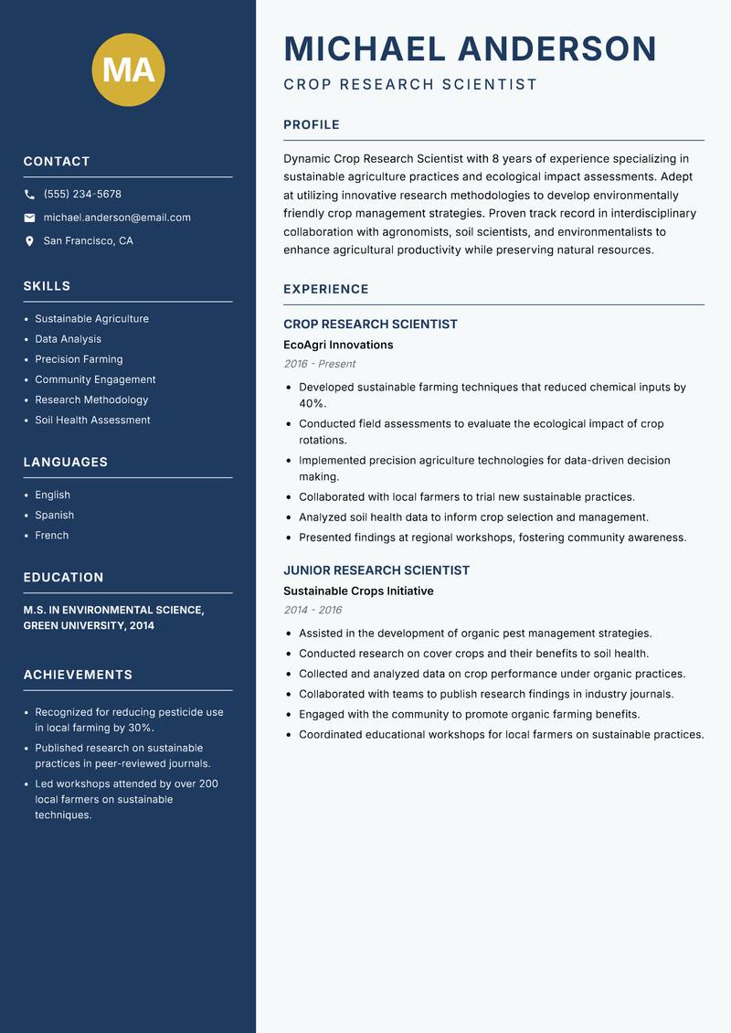 Crop Research Scientist resume template — Classic Clean