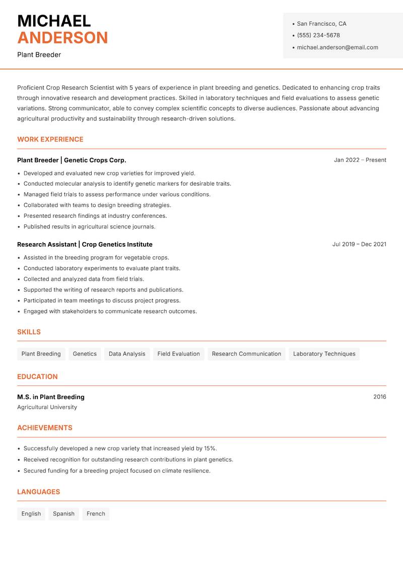 Crop Research Scientist resume template — Modern Professional