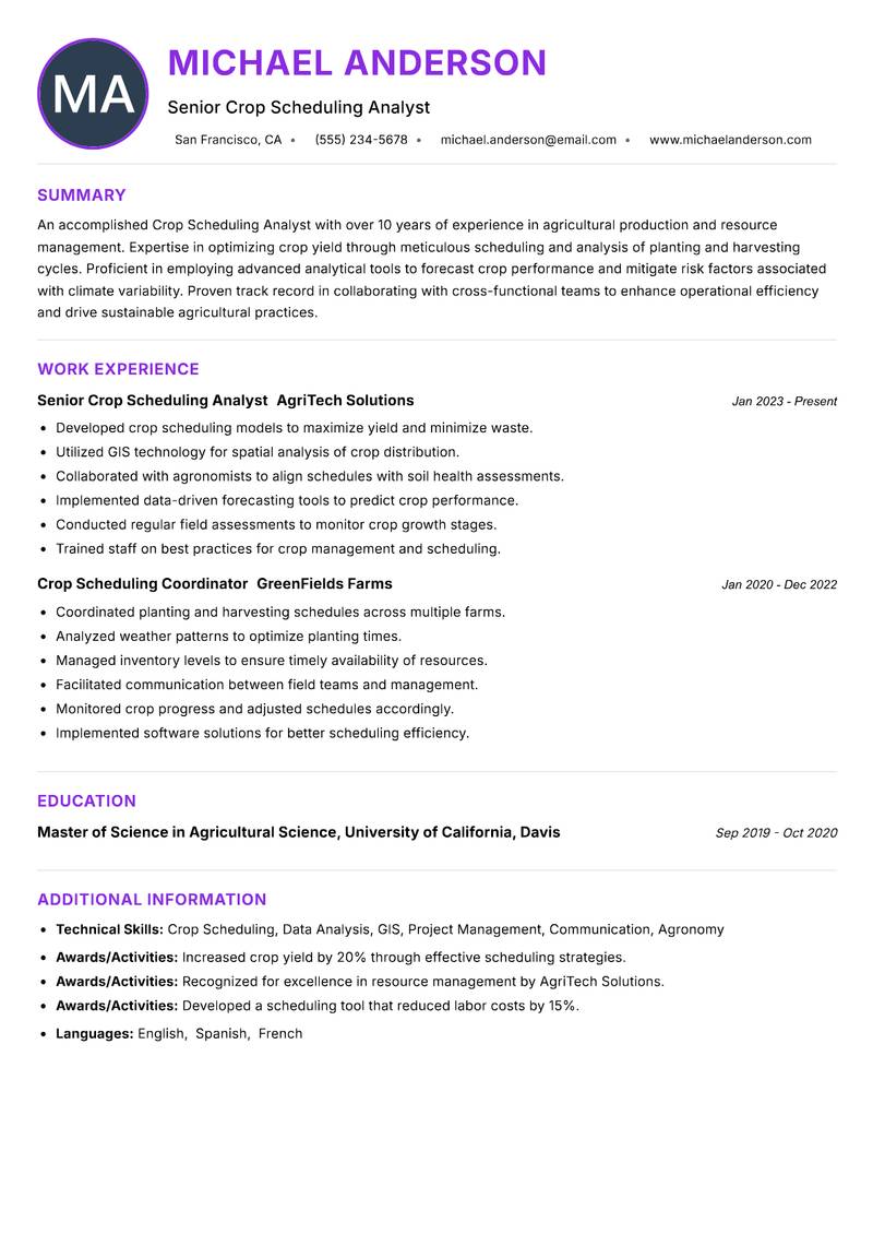 Crop Scheduling Analyst resume example — ATS-friendly template