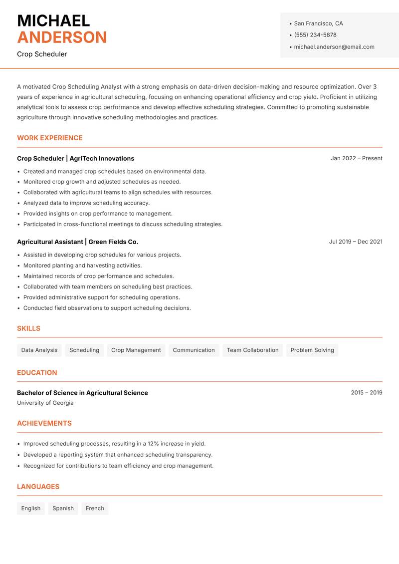 Crop Scheduling Analyst resume template — Modern Professional