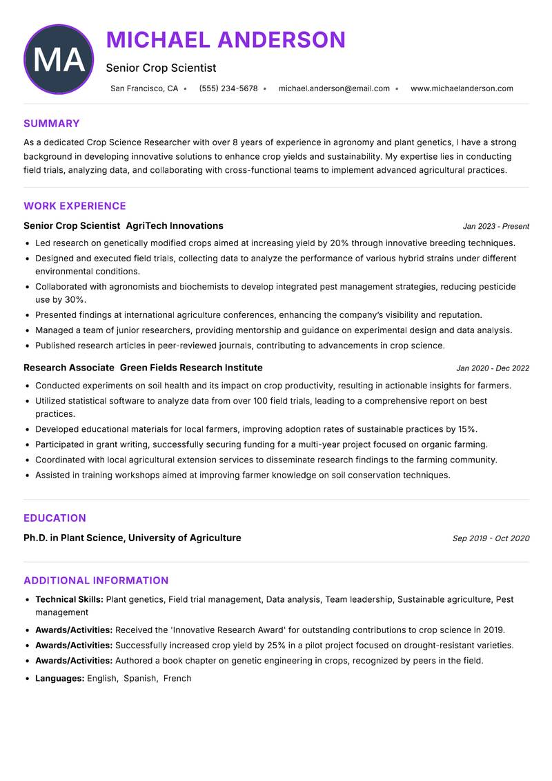 Crop Science Researcher resume example — ATS-friendly template