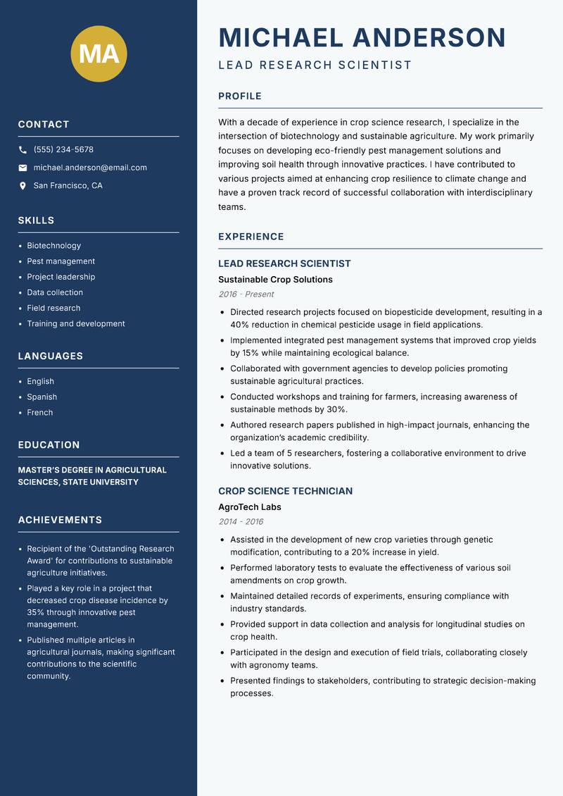 Crop Science Researcher resume template — Classic Clean