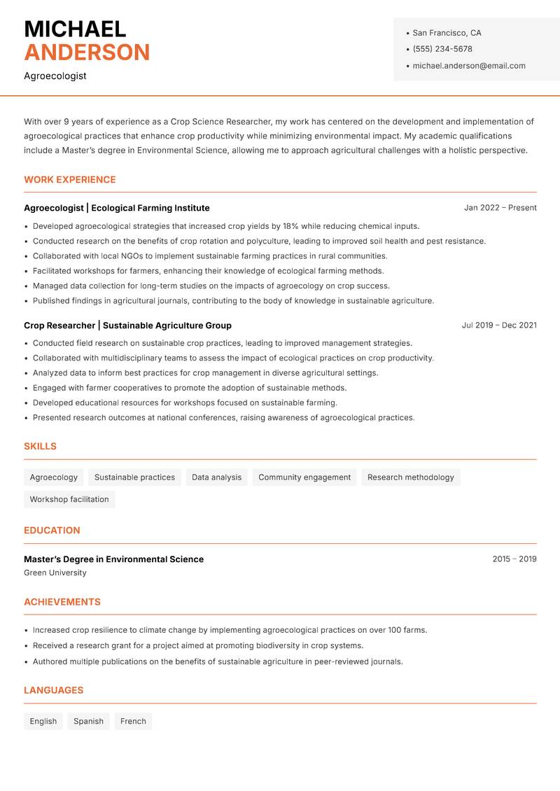 Crop Science Researcher resume template — Modern Professional