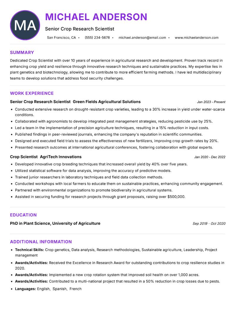 Crop Scientist resume example — ATS-friendly template