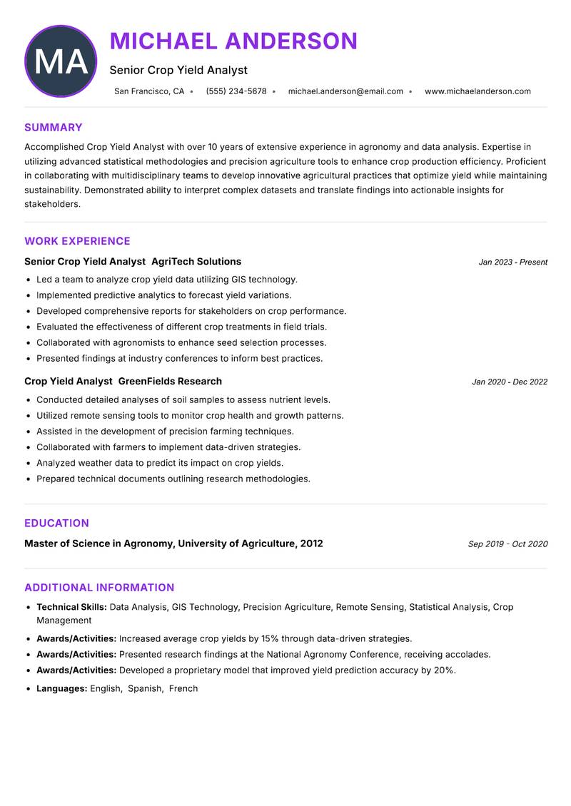 Crop Yield Analyst resume example — ATS-friendly template