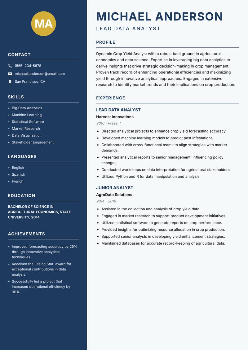 Crop Yield Analyst resume template — Classic Clean