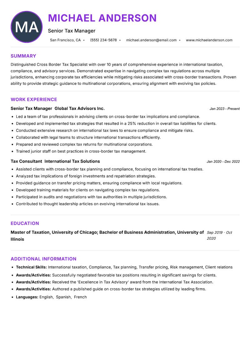 Cross Border Tax Specialist resume example — ATS-friendly template