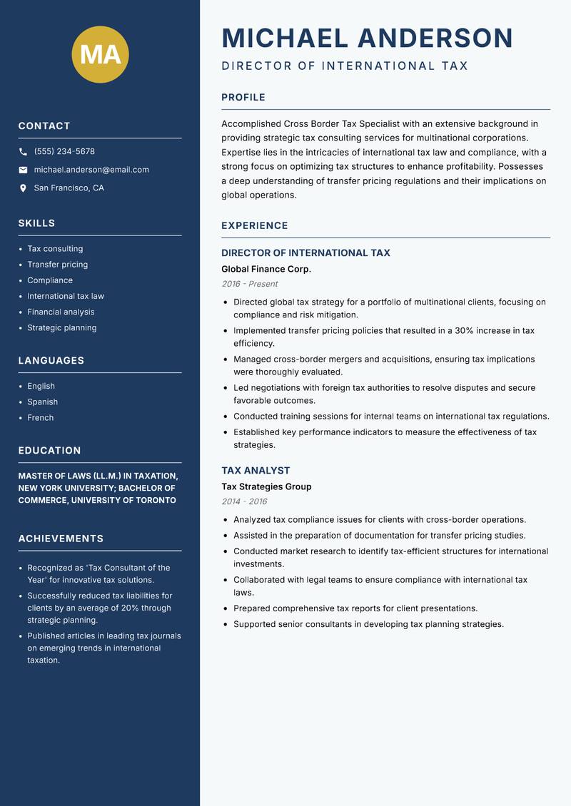 Cross Border Tax Specialist resume template — Classic Clean