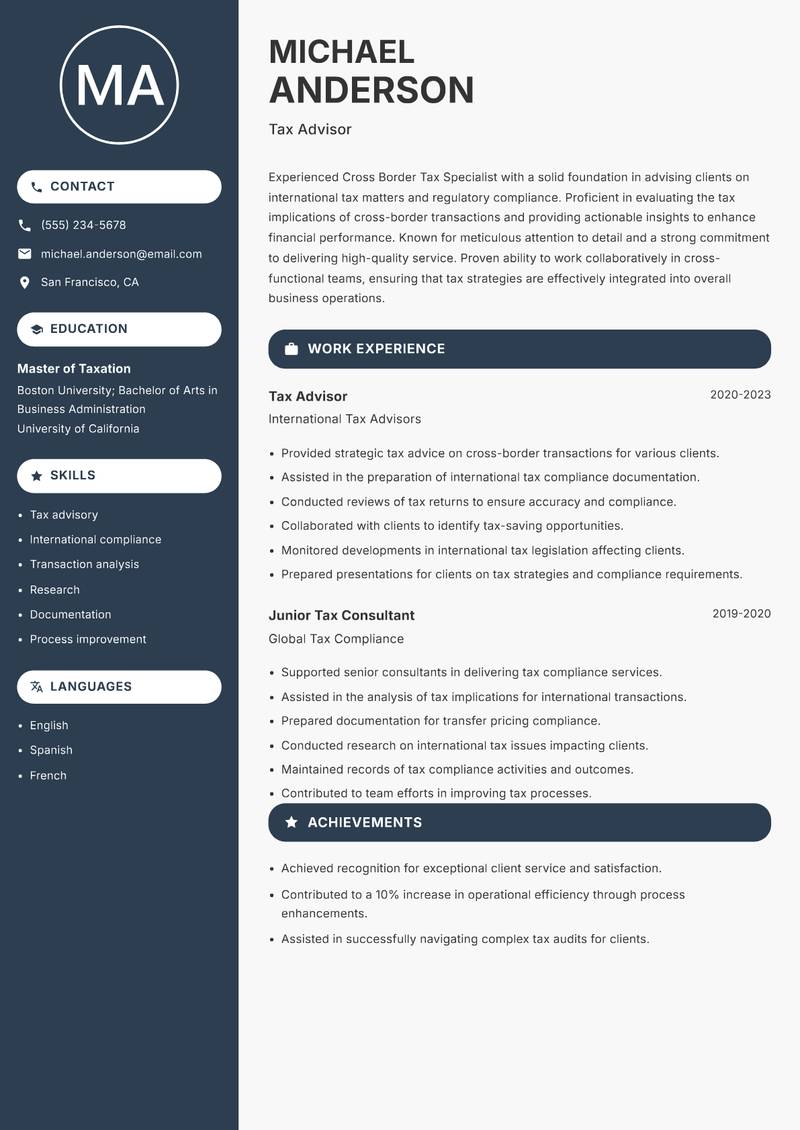 Cross Border Tax Specialist resume template — Compact