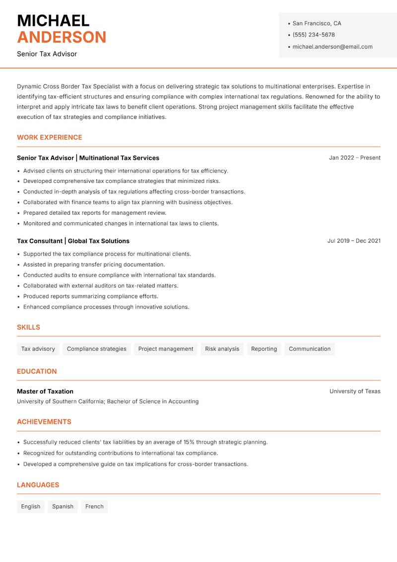 Cross Border Tax Specialist resume template — Modern Professional