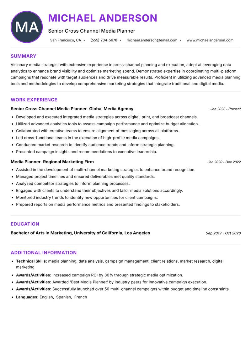 Cross Channel Media Planner resume example — ATS-friendly template