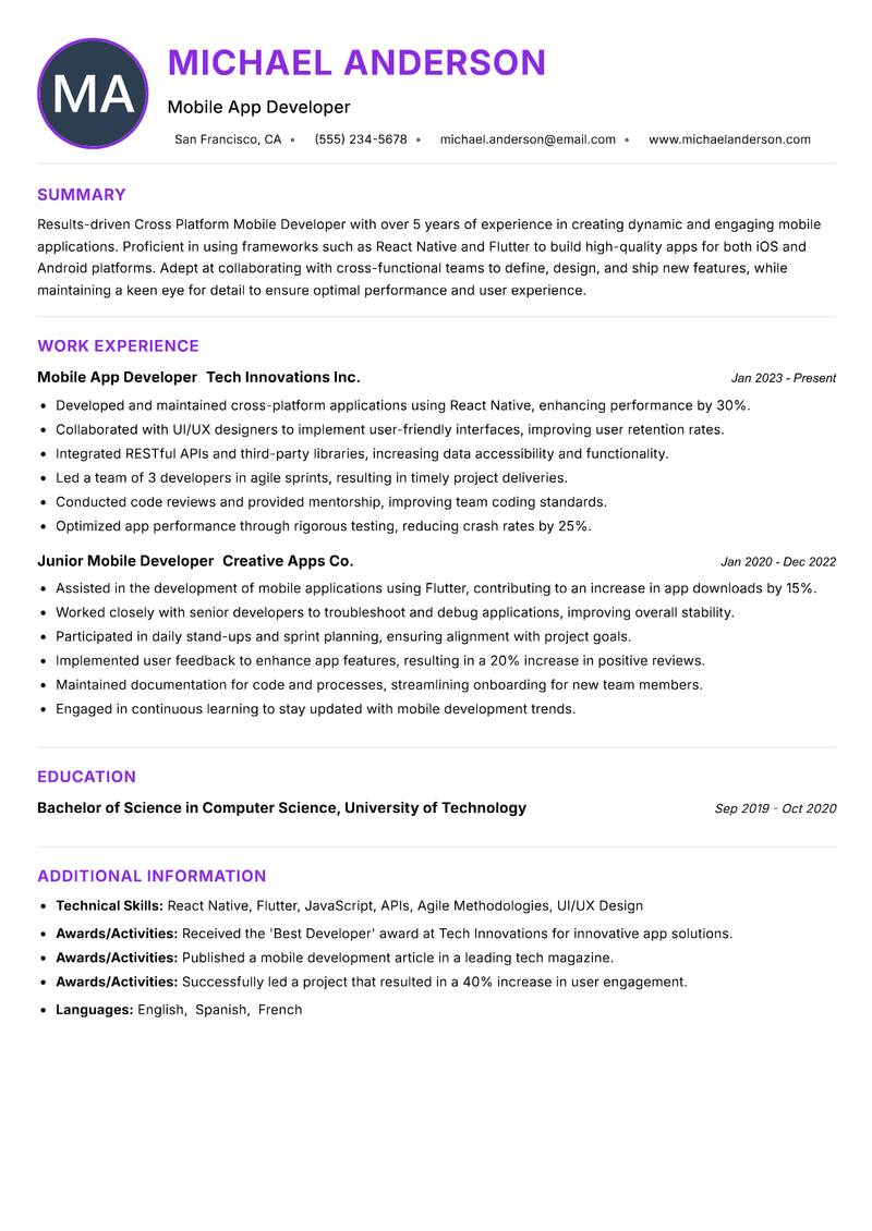 Cross Platform Mobile Developer resume example — ATS-friendly template