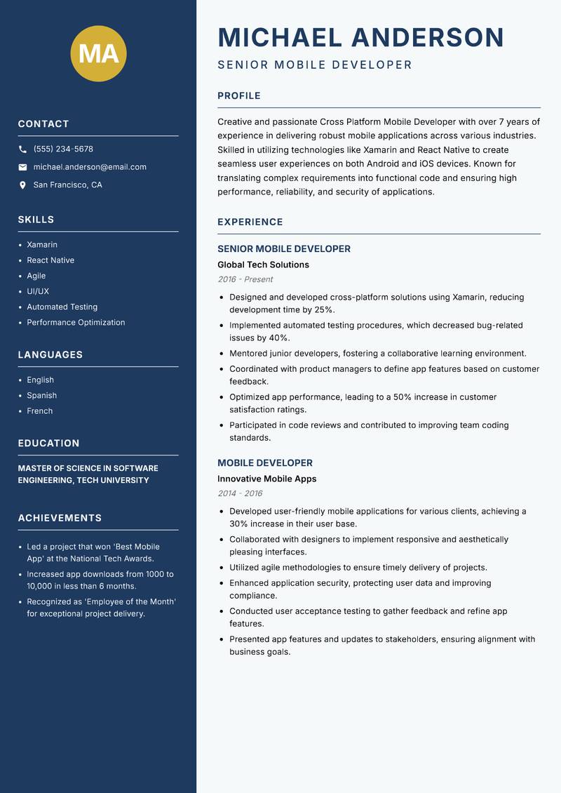 Cross Platform Mobile Developer resume template — Classic Clean