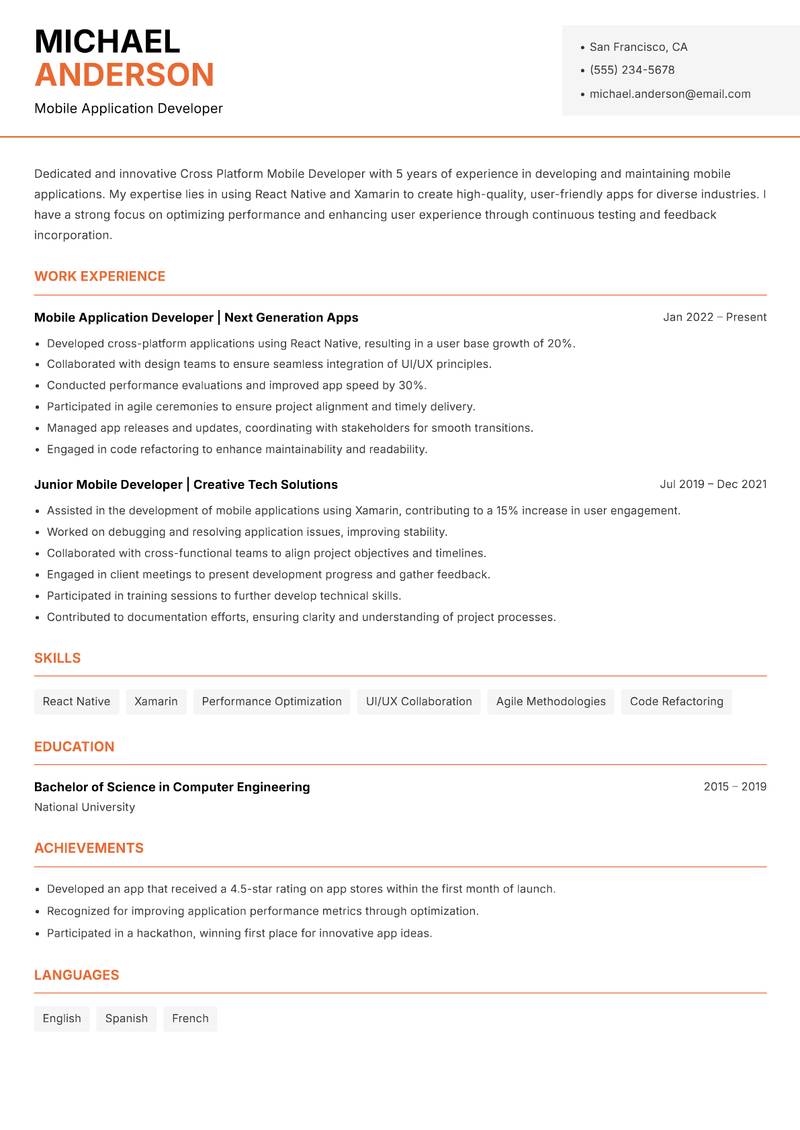 Cross Platform Mobile Developer resume template — Modern Professional