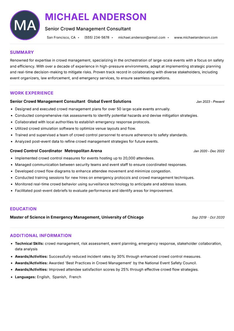 Crowd Management Specialist resume example — ATS-friendly template