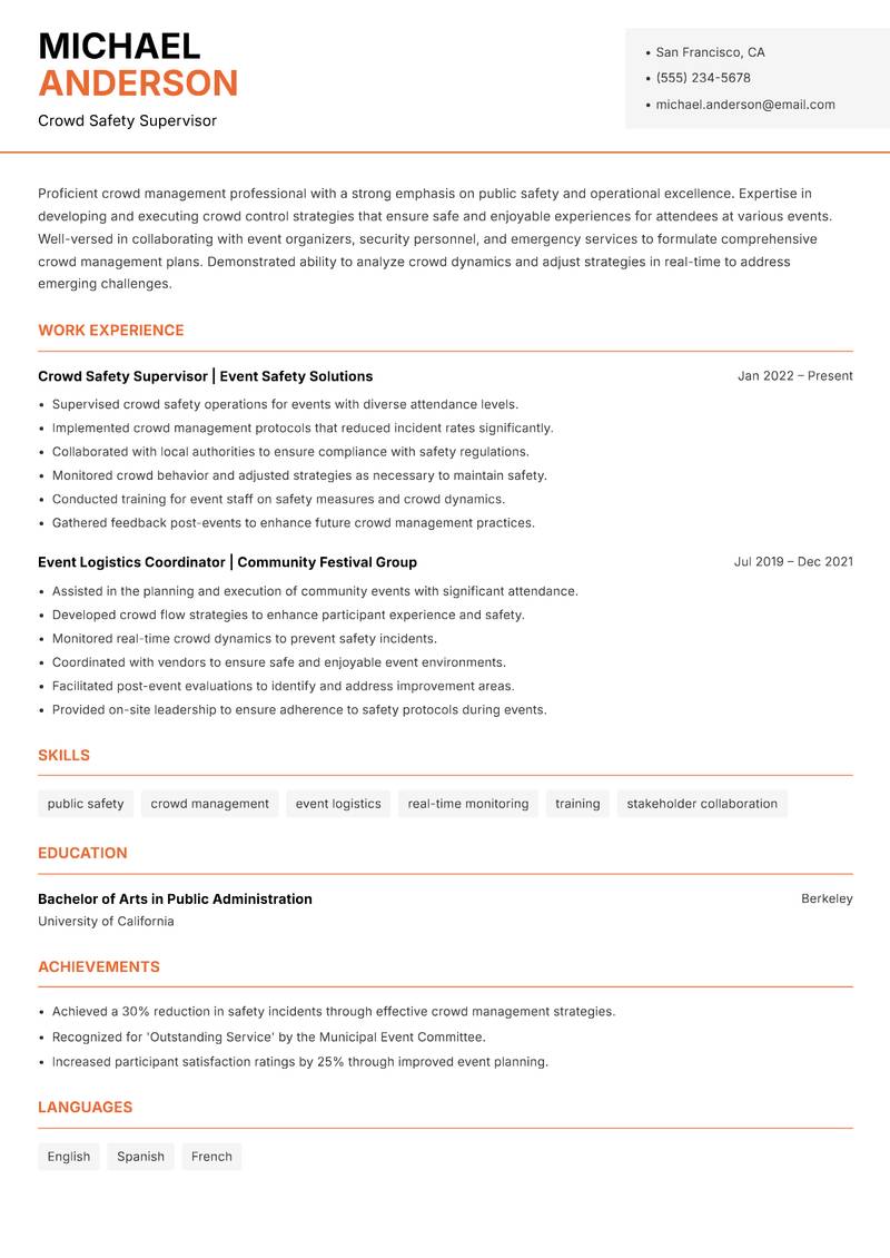 Crowd Management Specialist resume template — Modern Professional
