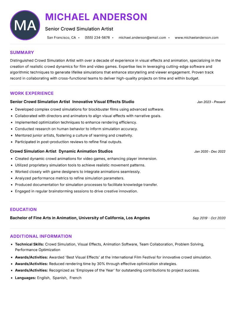 Crowd Simulation Artist resume example — ATS-friendly template