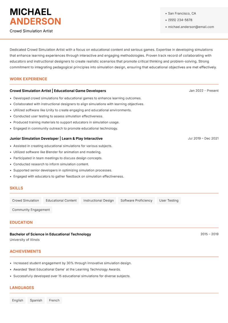 Crowd Simulation Artist resume template — Modern Professional