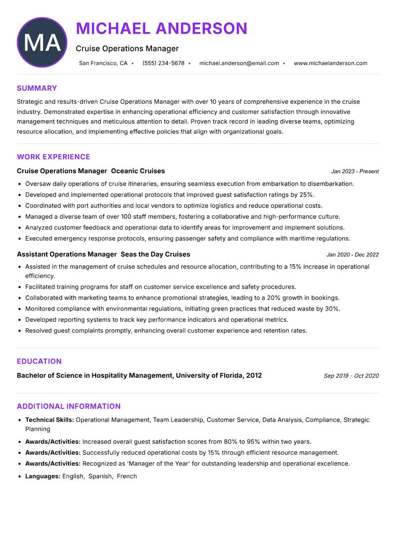 Cruise Operations Manager resume example — ATS-friendly template