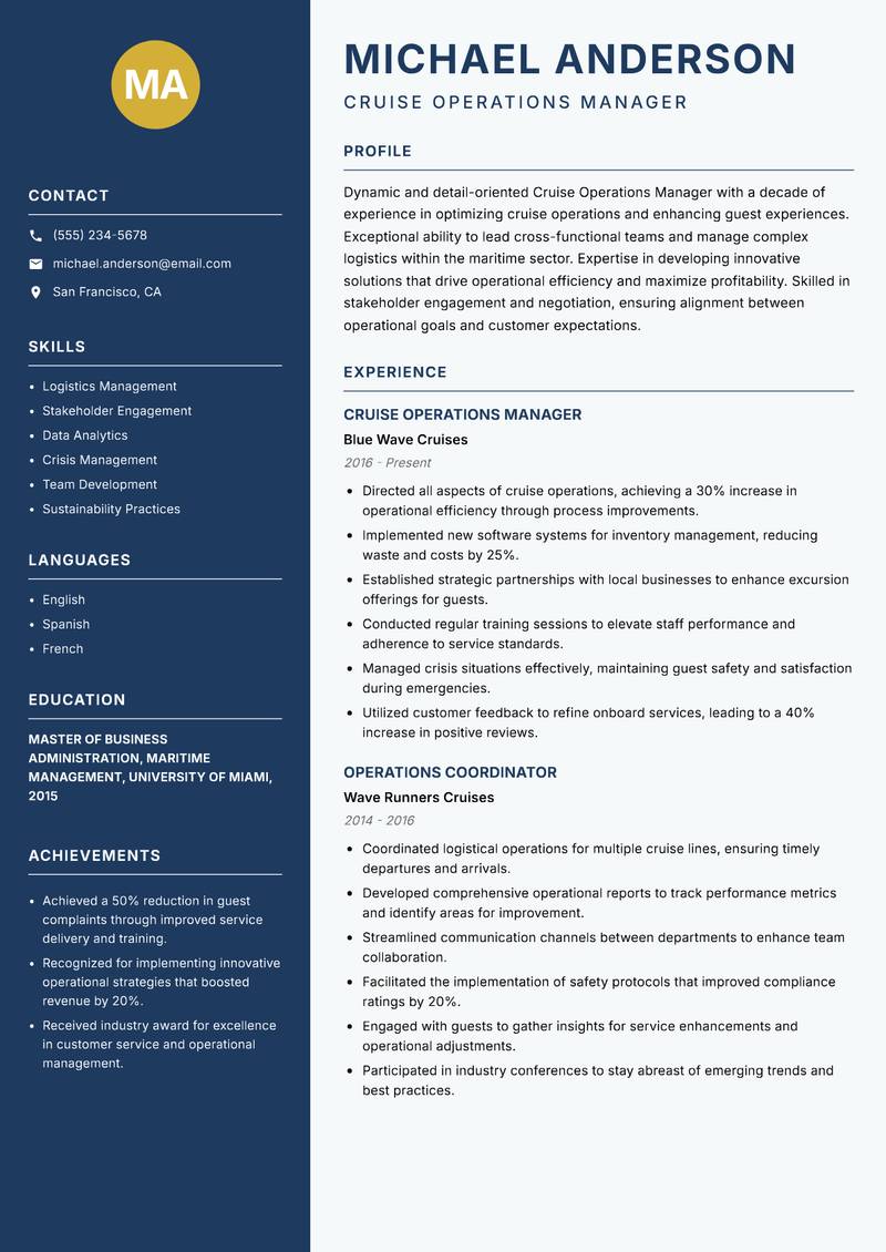Cruise Operations Manager resume template — Classic Clean