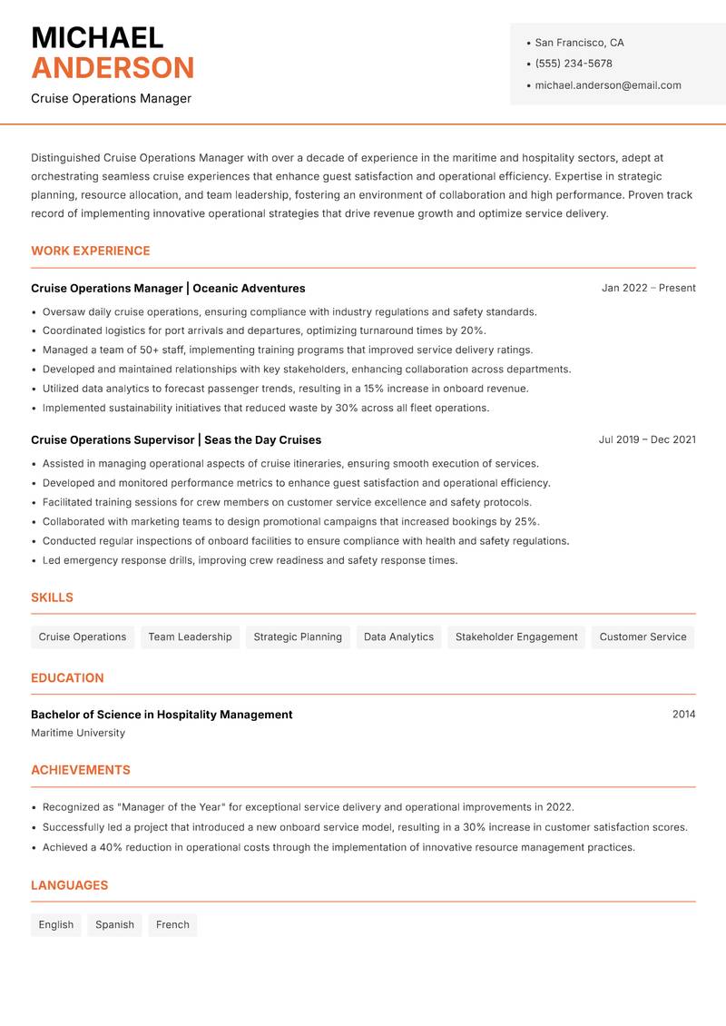 Cruise Operations Manager resume template — Modern Professional