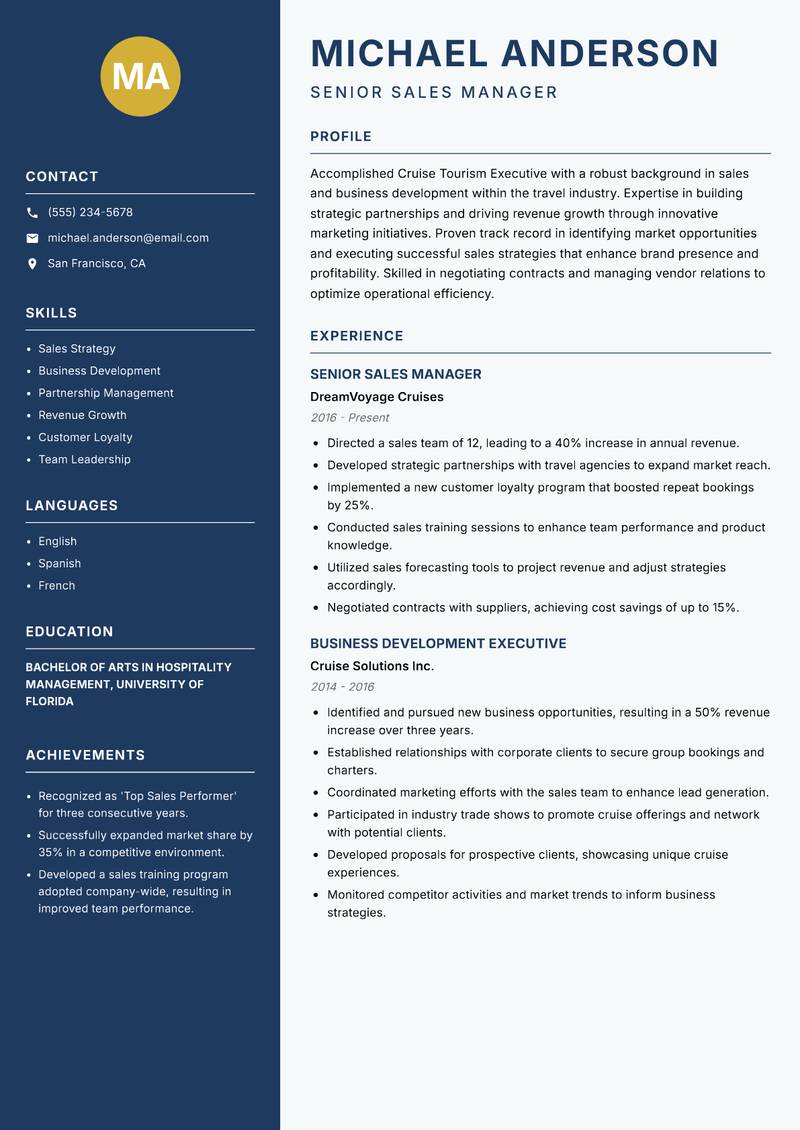 Cruise Tourism Executive resume template — Classic Clean