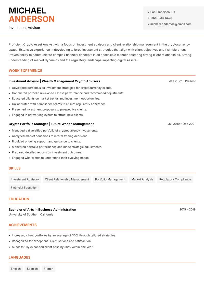 Crypto Asset Analyst resume template — Modern Professional
