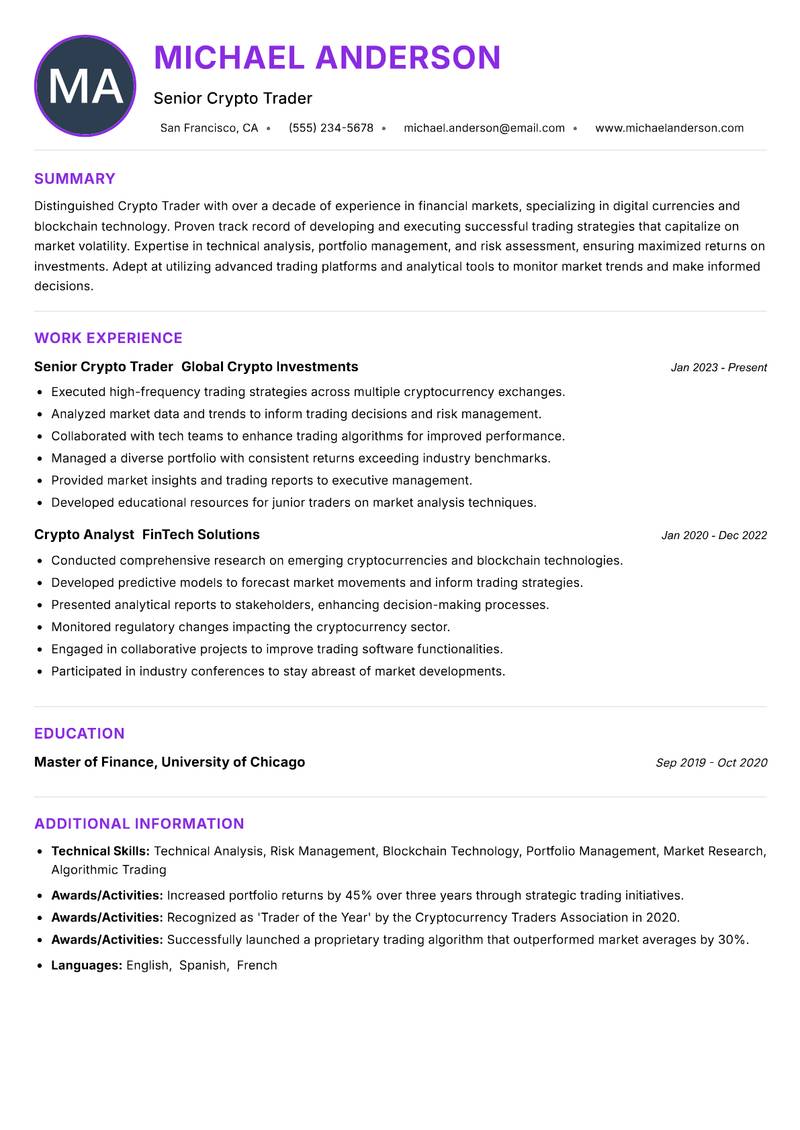 Crypto Trader resume example — ATS-friendly template